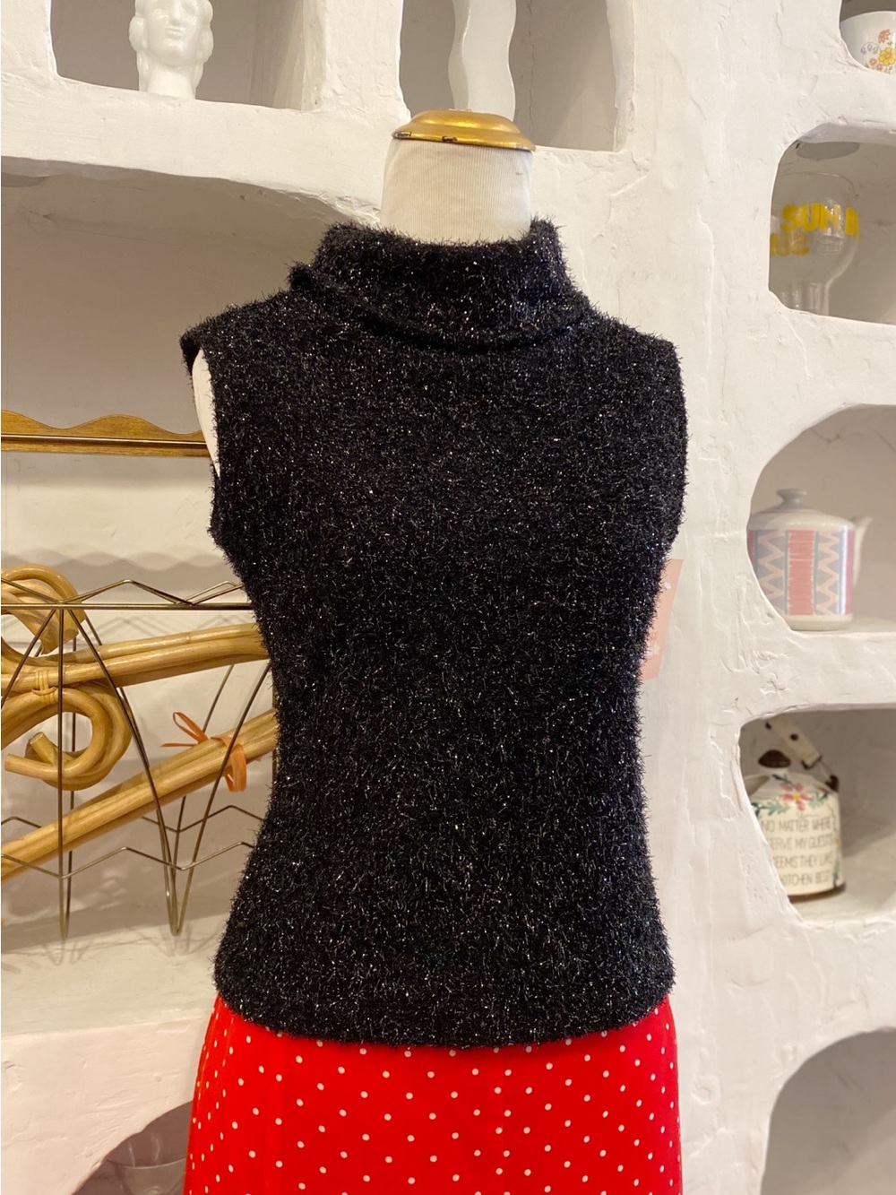 90s Y2K Vintage Black Fuzzy Sparkly Eyelash  Sleeveless Turtleneck Sweater Top
